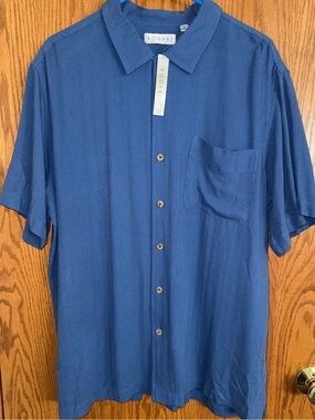 Bogari Blue Button Front Shirt Short Sleeve 1 Pocket Washable Silk Men's Sz Lg